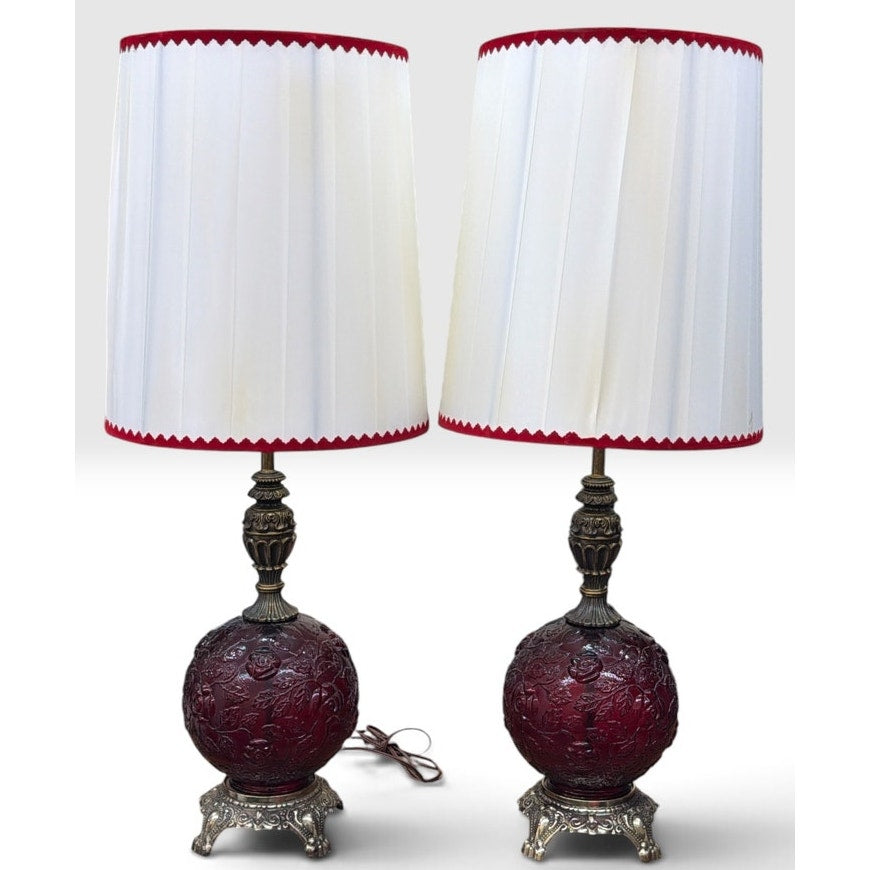 Pair Vintage Ruby Red Glass 3-Way Table Lamps Lighted Bases Roses 28" – additional view 2