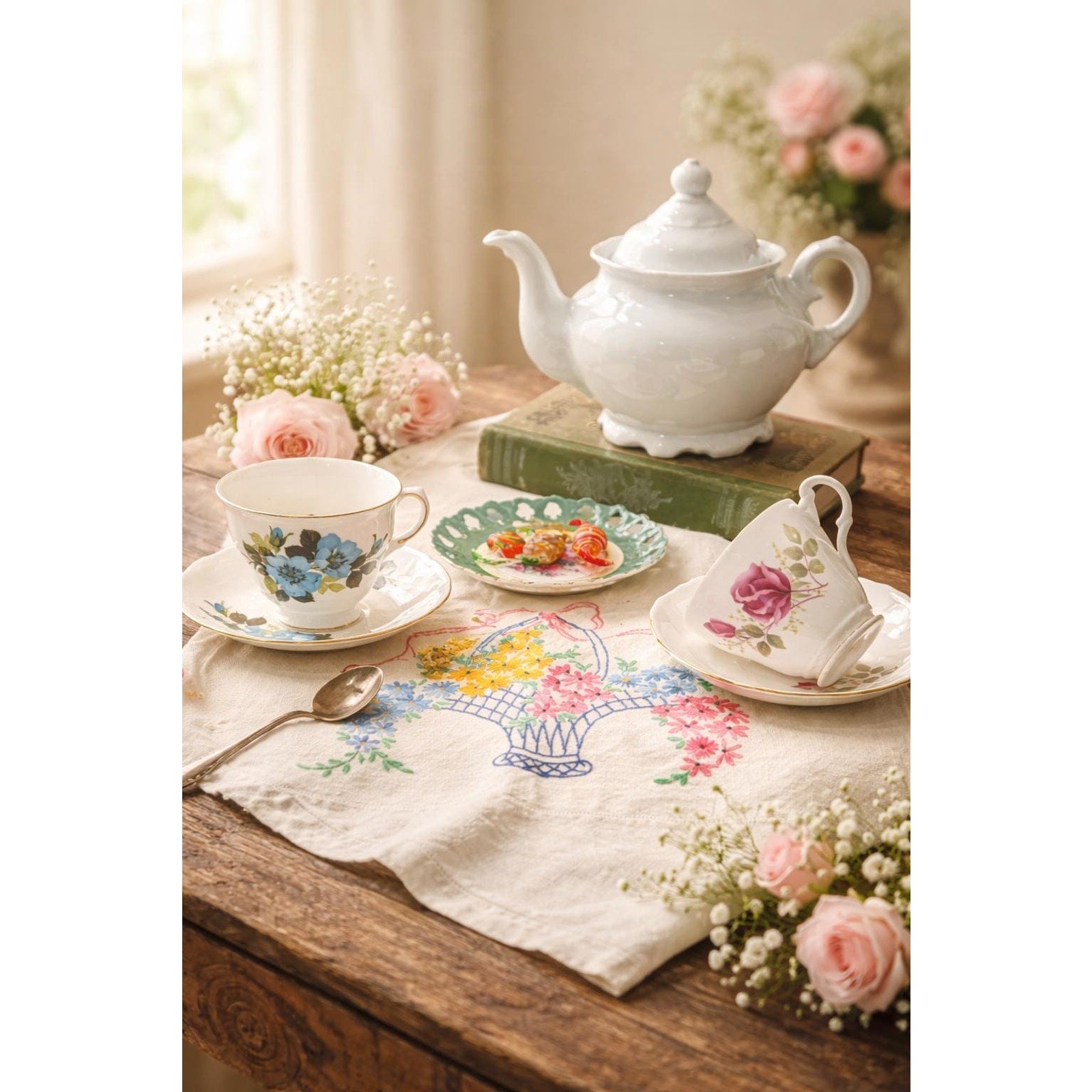 Vintage Tea for Two Set – English Bone China Teacups & White Teapot – Romantic Cottagecore Entertaining