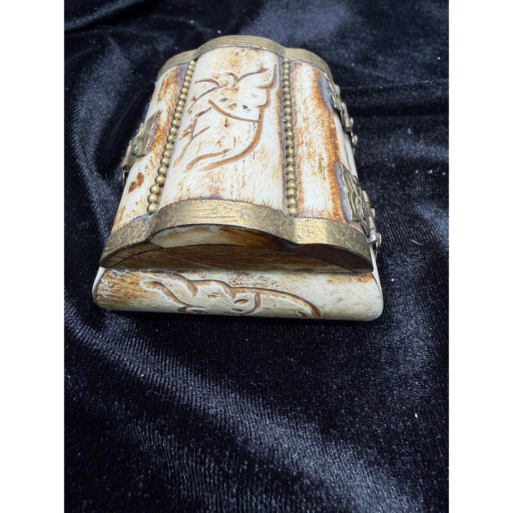 Vintage Carved Bone Brass Trinket Box Purple Velvet Lined Jewelry Box