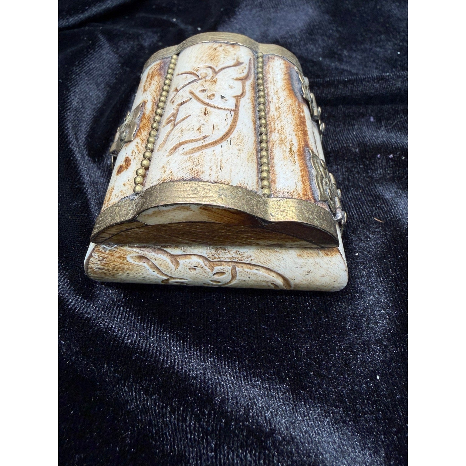Vintage Carved Bone Brass Trinket Box Purple Velvet Lined Jewelry Box