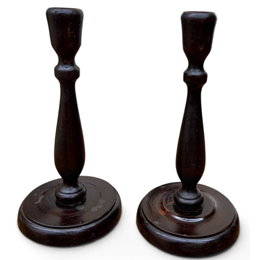 Vintage Primitive Wood Candlesticks Pair Dark Brown Timeworn 9 Inch – additional view 3