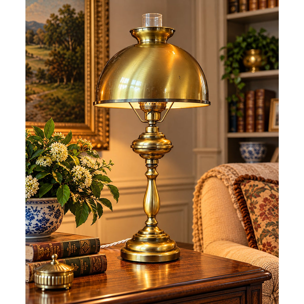Vintage Solid Brass Student Table Lamp 28 Inch Dome Shade Library Desk Light
