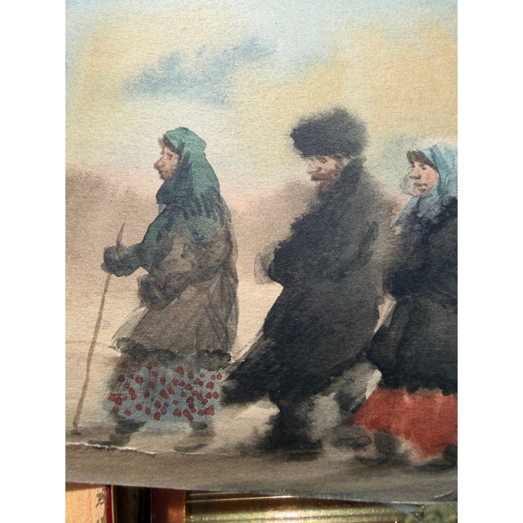 Original Watercolor Painting Russian Winter Procession Gilt Framed Folk Art – additional view 9