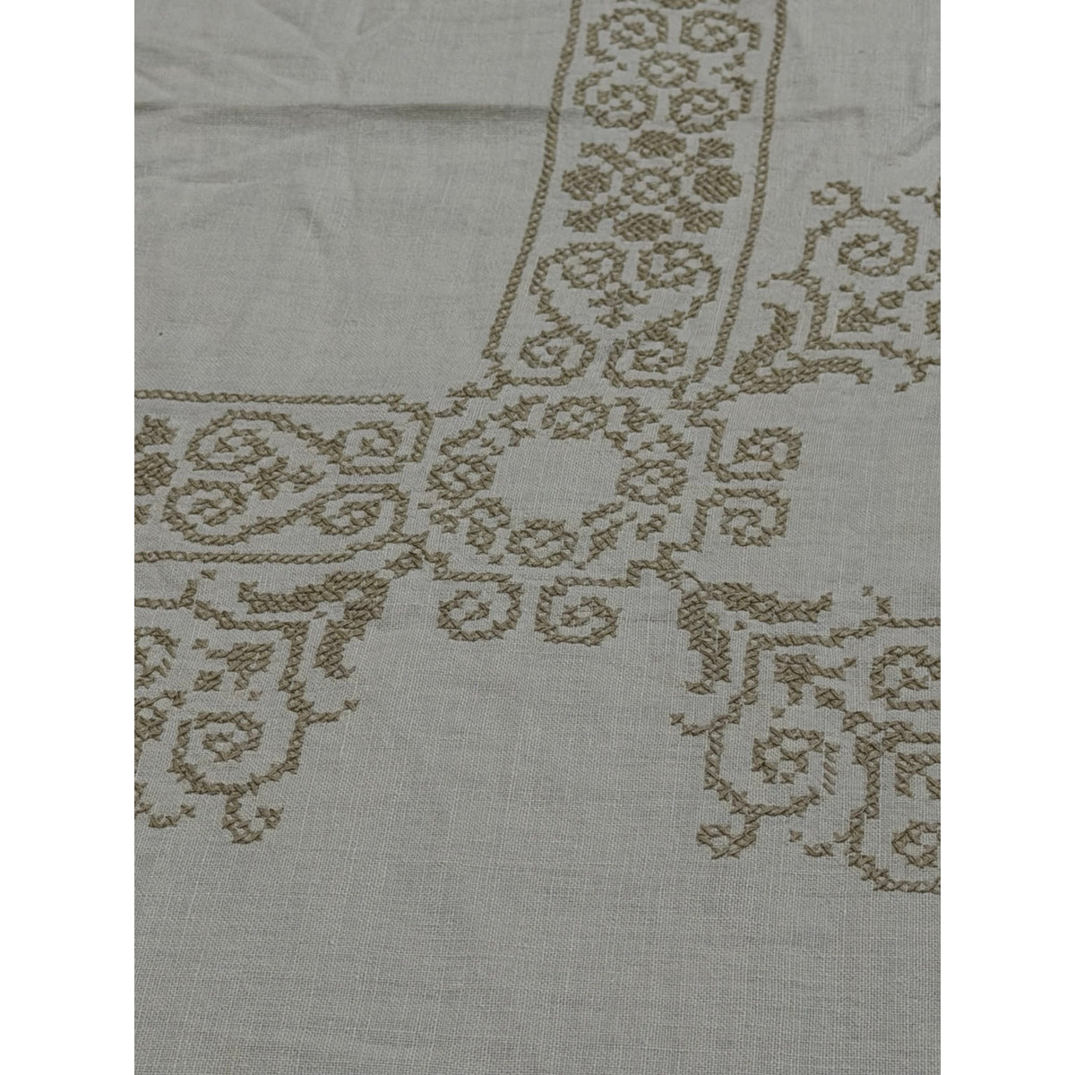 Vintage Hand Embroidered Linen Tablecloth Cross Stitch 54 x 72 Neutral – additional view 3