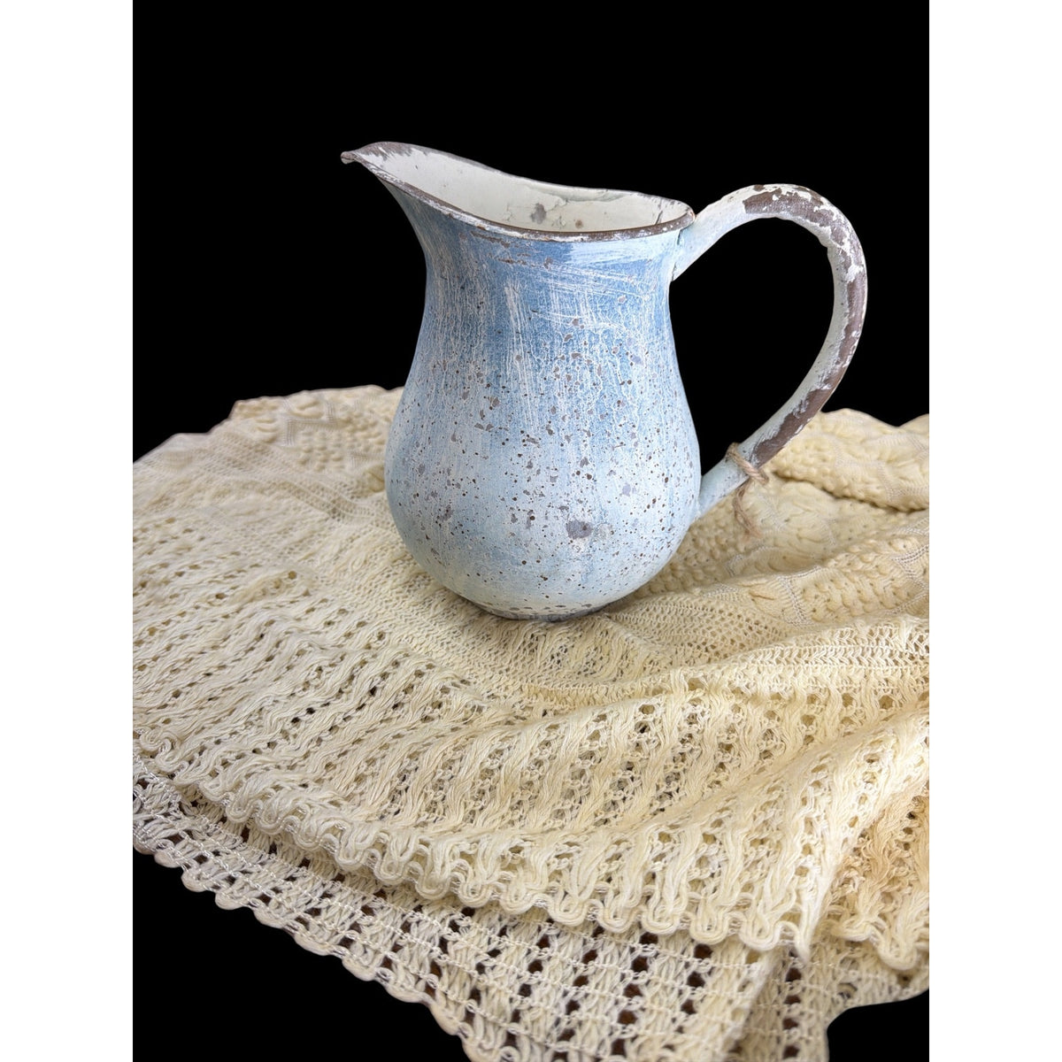 Vintage Hand Painted Metal Pitcher Blue White French Country Primitive Decor – additional view 5