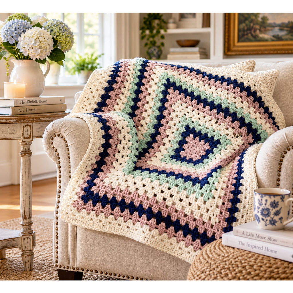 Handmade Crochet Lap Afghan Blanket Granny Square Ivory Navy Mint Pink 38"