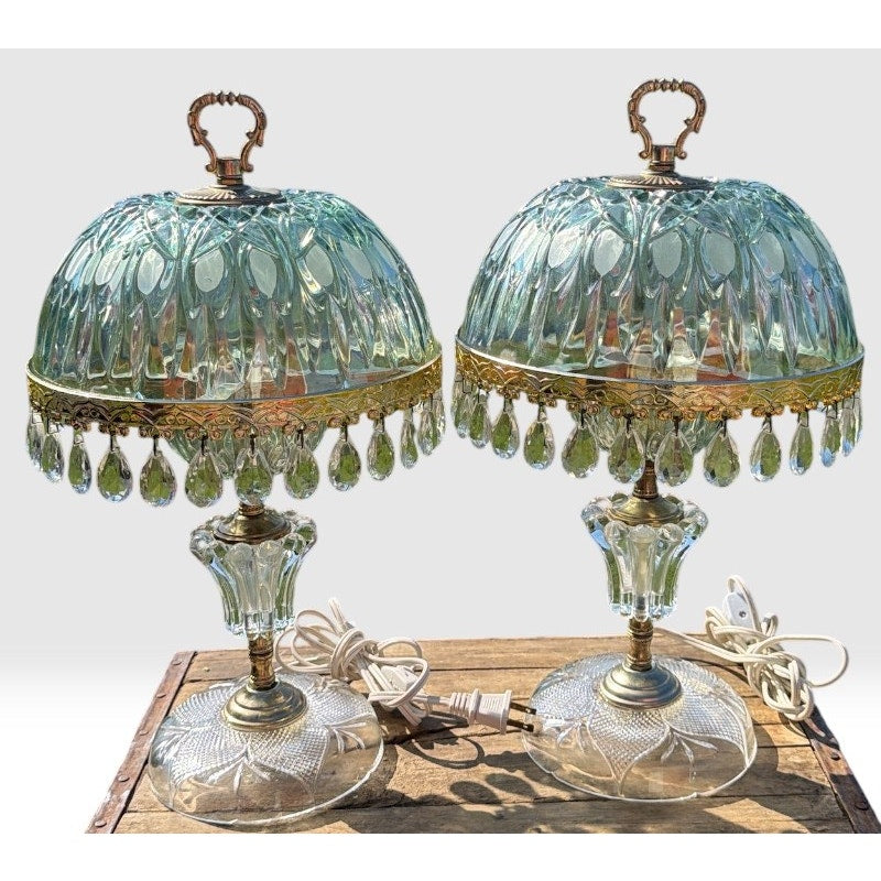 Pair Vintage Michelotti Aqua Glass Boudoir Lamps Made in Holland 16" – additional view 10