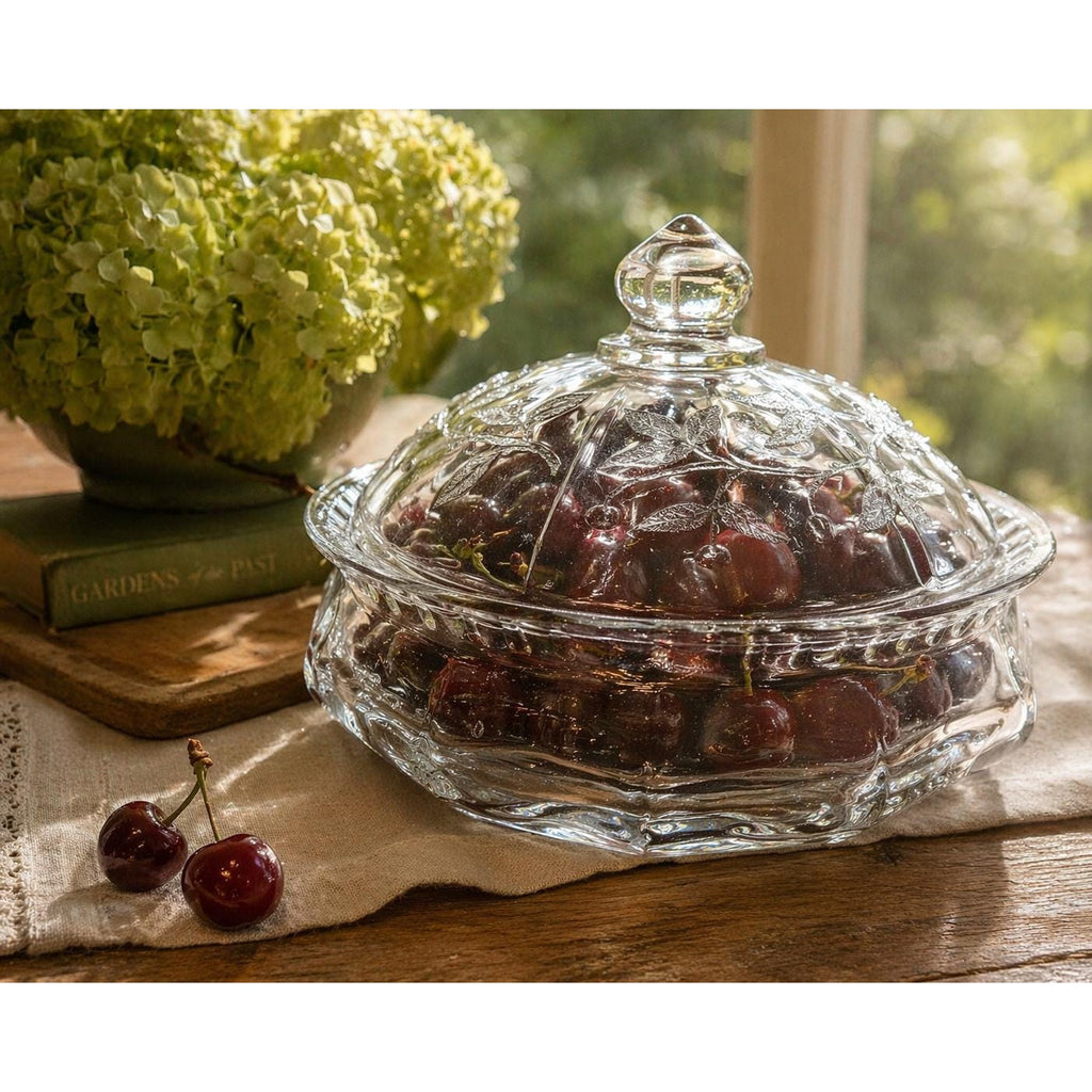 Vintage Pressed Glass Covered Candy Dish Cherry Pattern Lid Bowl 8”