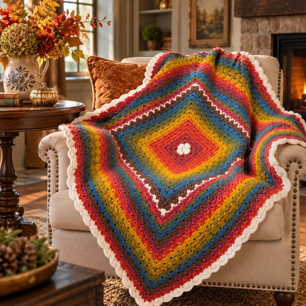 Handmade Crochet Lapghan Autumn Kaleidoscope Multicolor Square Throw 39"