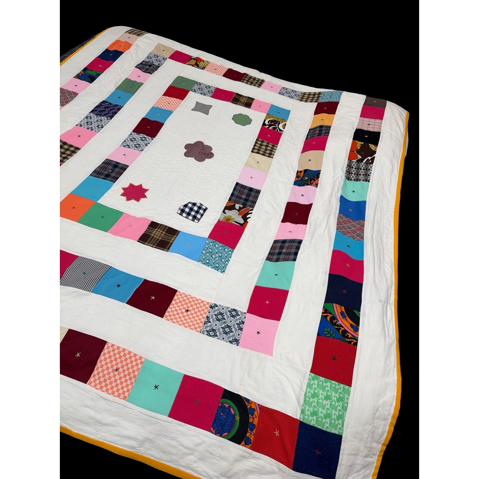 Vintage Handmade Folk Art Patchwork Quilt Hand Quilted Memory Quilt Scrap Textile Cottagecore Decor 68x84