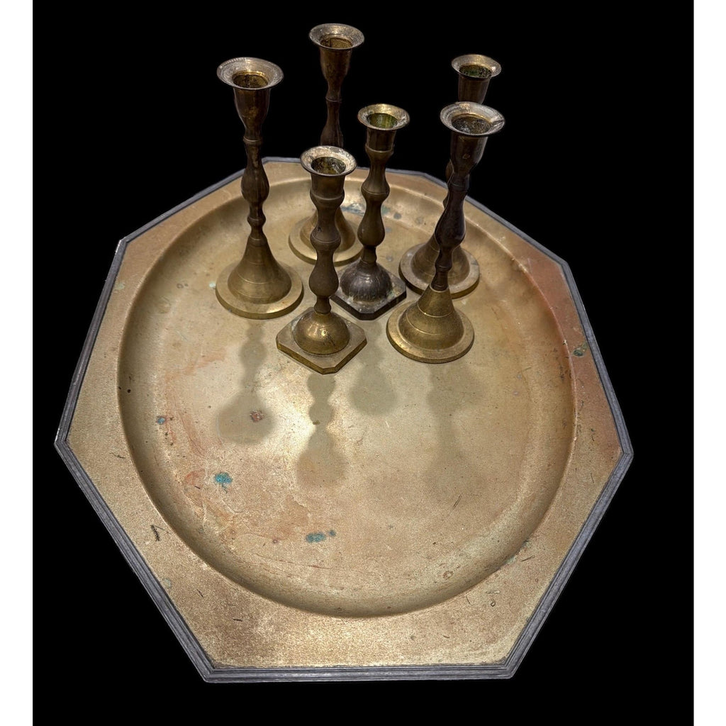Monumental Antique Brass Tray with Six Candlesticks – Old World European Table Centerpiece