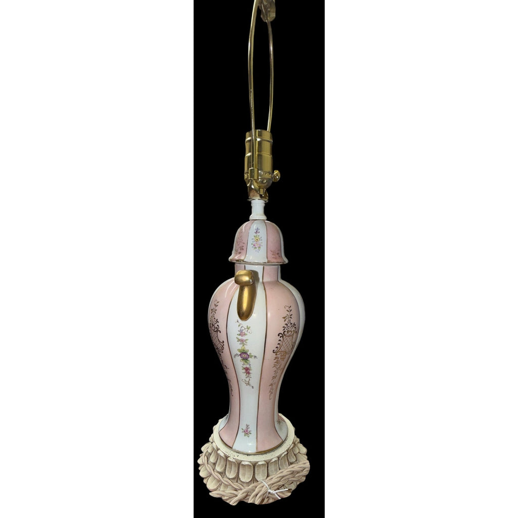 Vintage Pink Floral Ceramic Urn Table Lamp Rewired Pink Bell Shade
