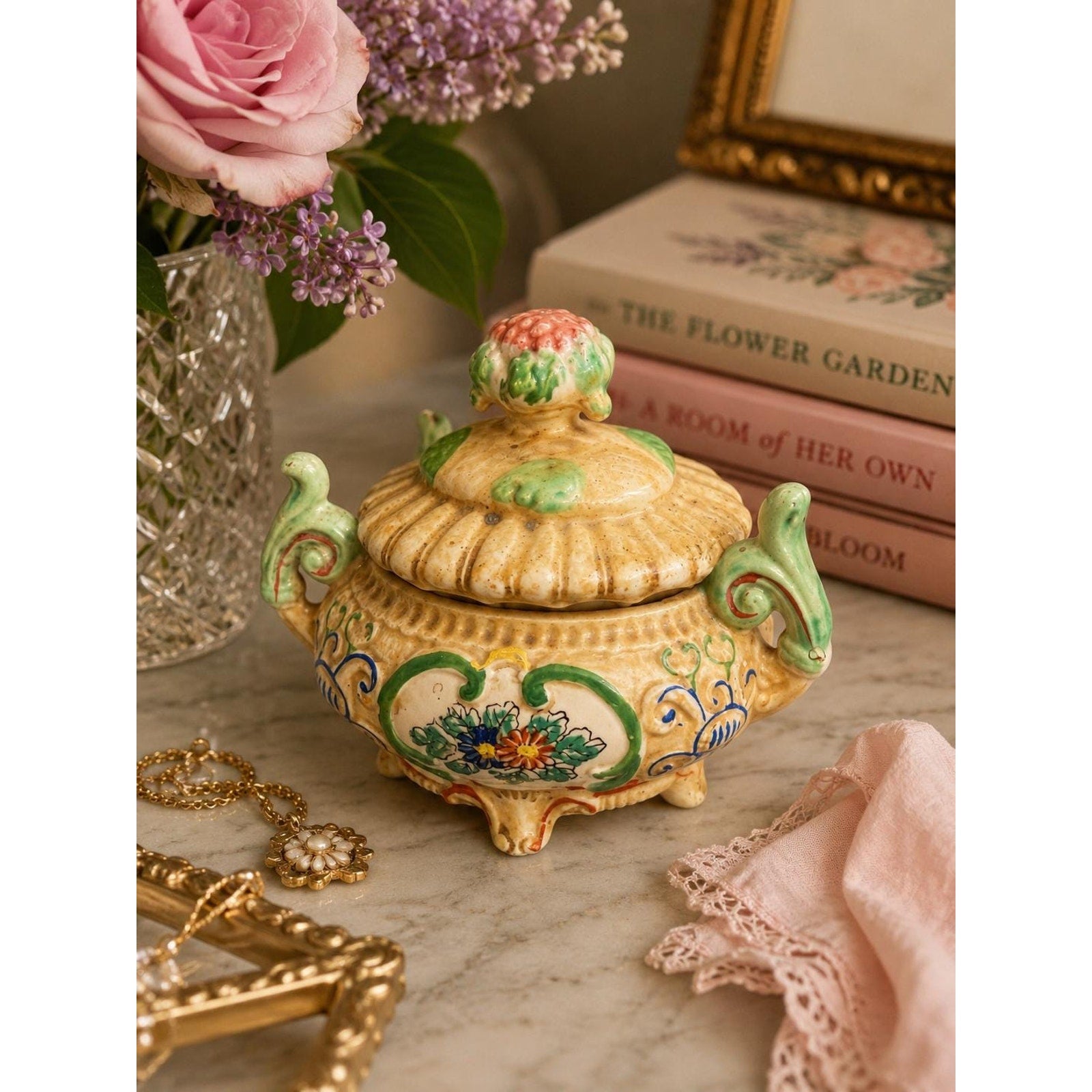 Vintage Japanese Ceramic Trinket Box, Floral Jewelry Box, Cottagecore Vanity