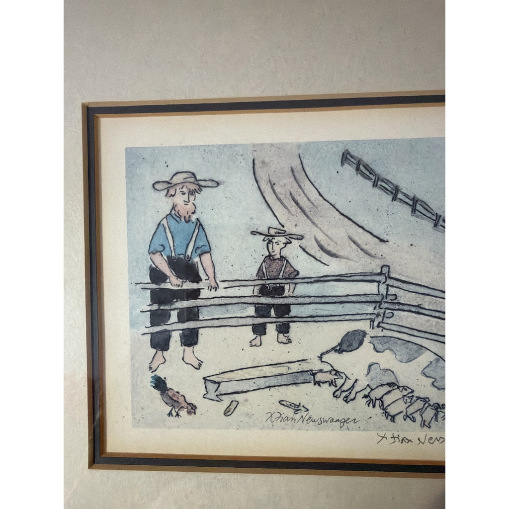 Vintage Xtian Newswanger Amishfolk Feeding Pigs Signed Numbered Limited Edition