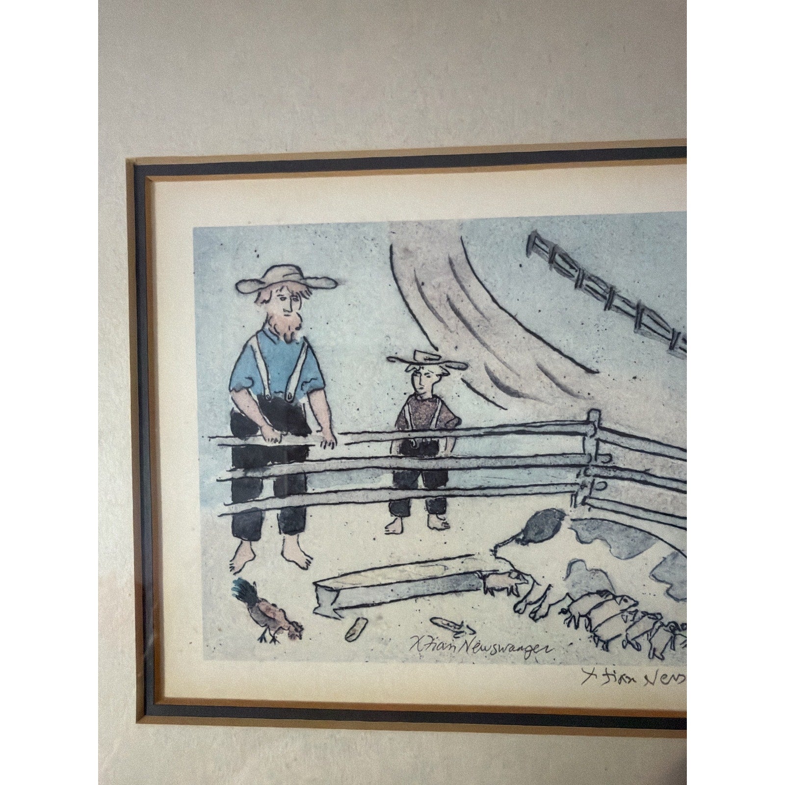 Vintage Xtian Newswanger Amishfolk Feeding Pigs Signed Numbered Limited Edition