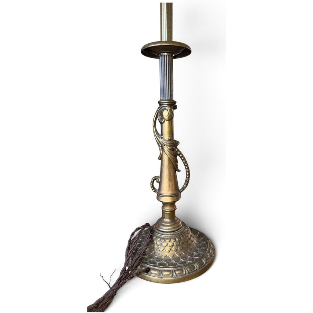 Pair of Vintage Ornate Metal Table Lamps Bronze Brass Patina Silk Shades 30"