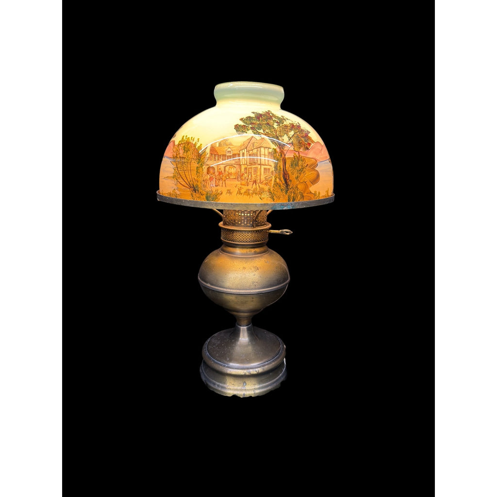 Antique Hand Painted Opal Glass Lamp Brass Electric Oil Lamp 21"