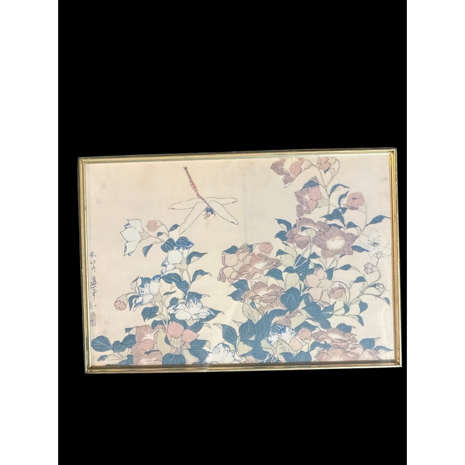 Vintage Japanese Dragonfly Botanical Print Framed Washi Paper Asian Wall Art
