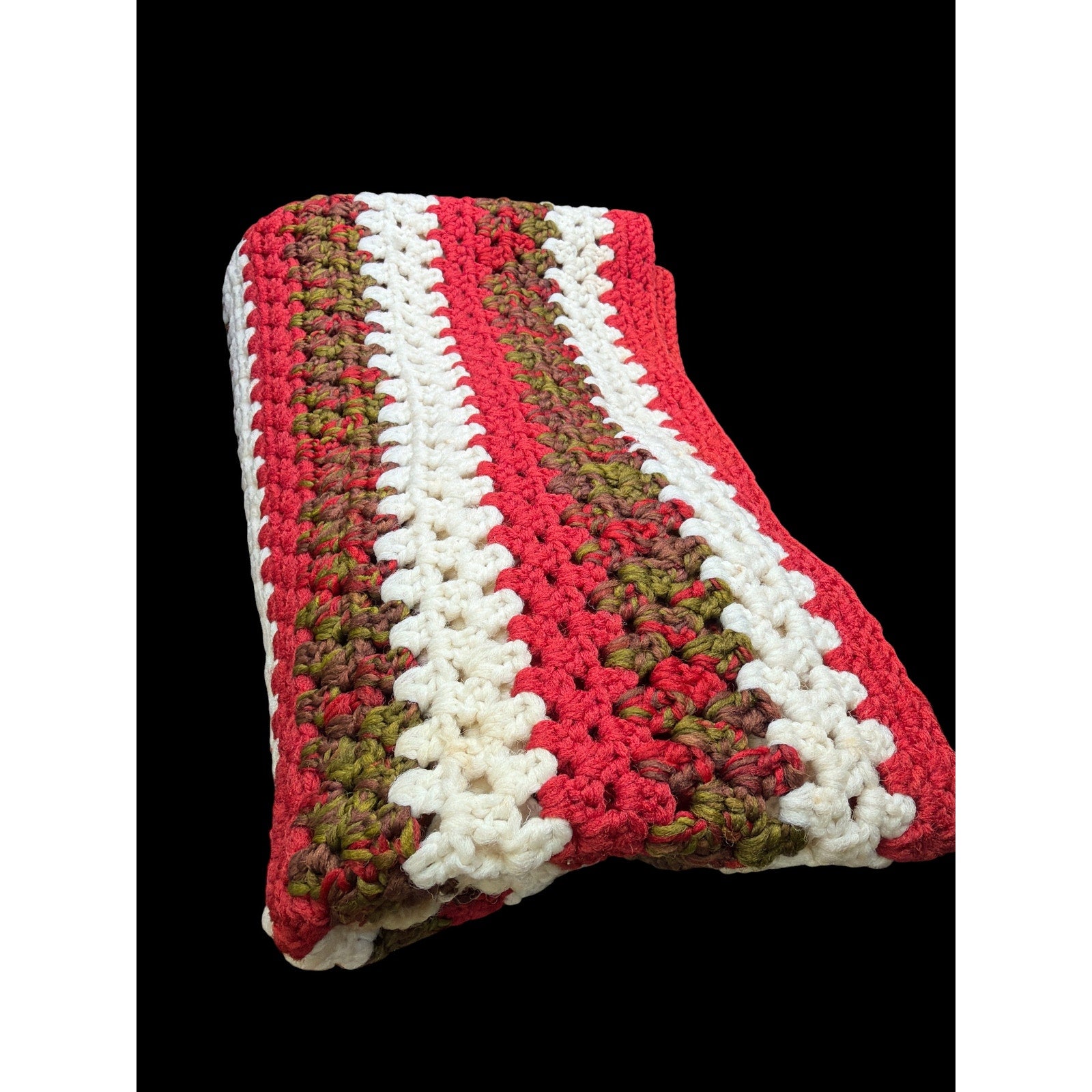 Vintage Handmade Crochet Afghan Throw Red Cream Green Farmhouse Blanket