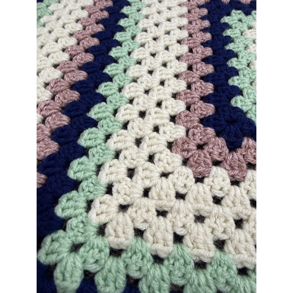 Handmade Crochet Lap Afghan Blanket Granny Square Ivory Navy Mint Pink 38"