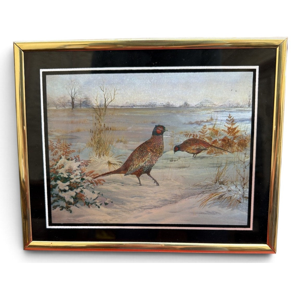 Vintage Foil Art Pheasant Picture Iridescent Winter Scene Gold Frame 8x10
