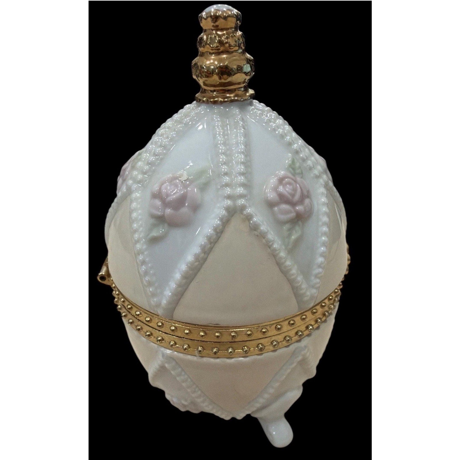 Vintage Porcelain Egg Trinket Box – Hinged Gilt Floral Keepsake – Romantic Vanity Decor