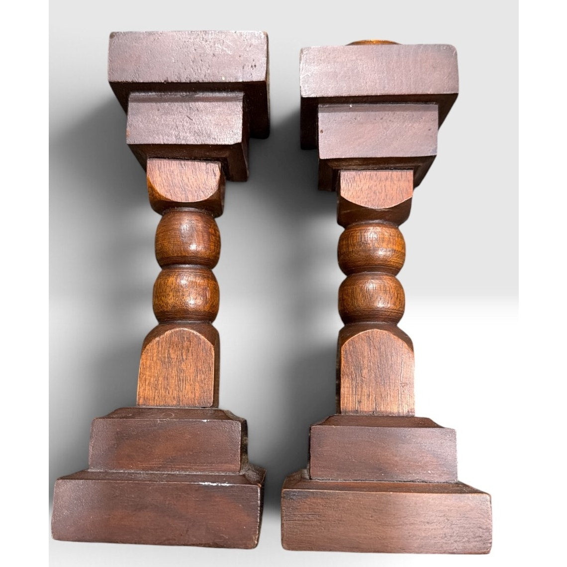 Vintage Hardwood Candlestick Holders Pair Dark Walnut Finish Brass Cups 6.5 Inch – additional view 2