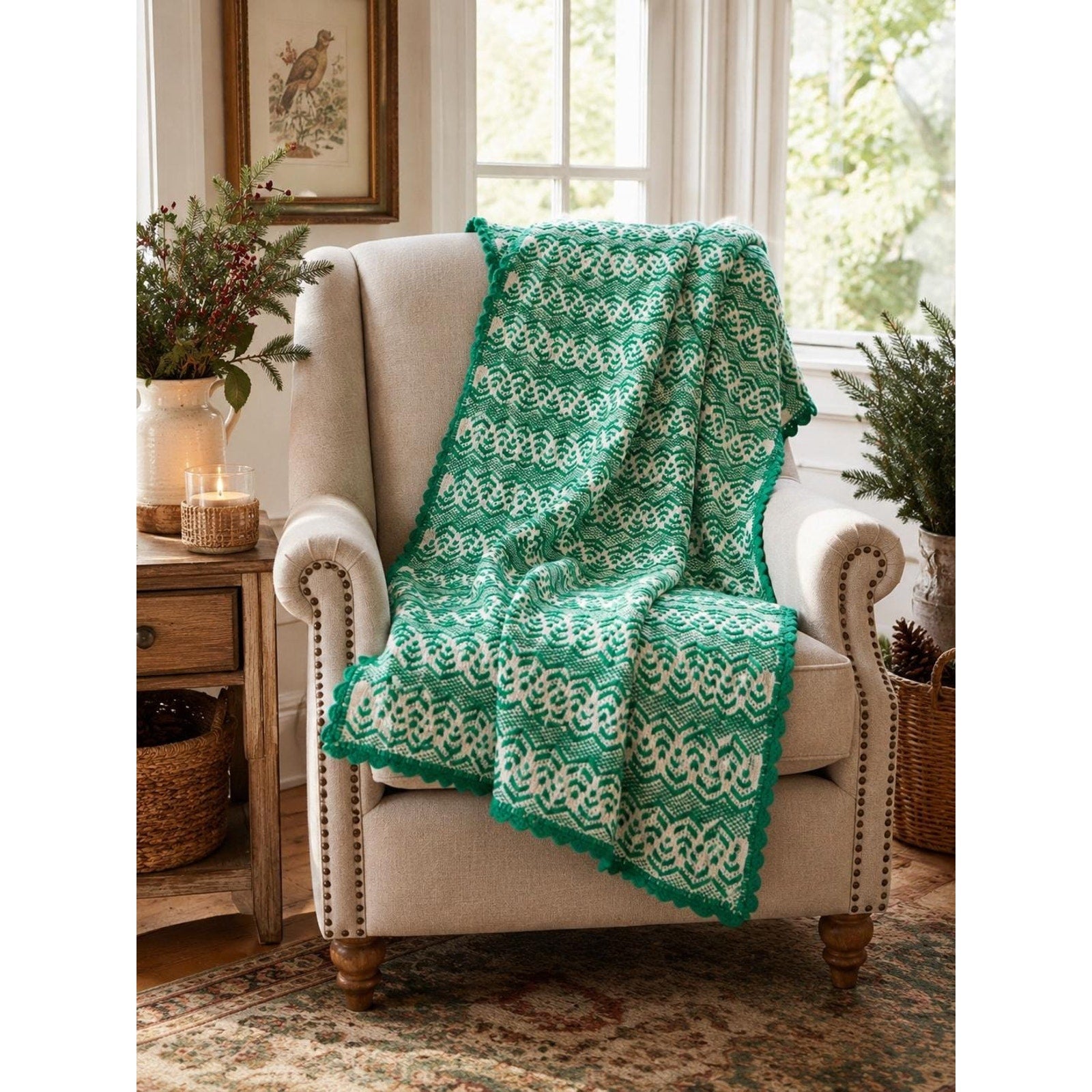 Vintage Handwoven Green White Coverlet Throw Blanket 65x65 Handmade Woven Textile Farmhouse Cottage Christmas Decor