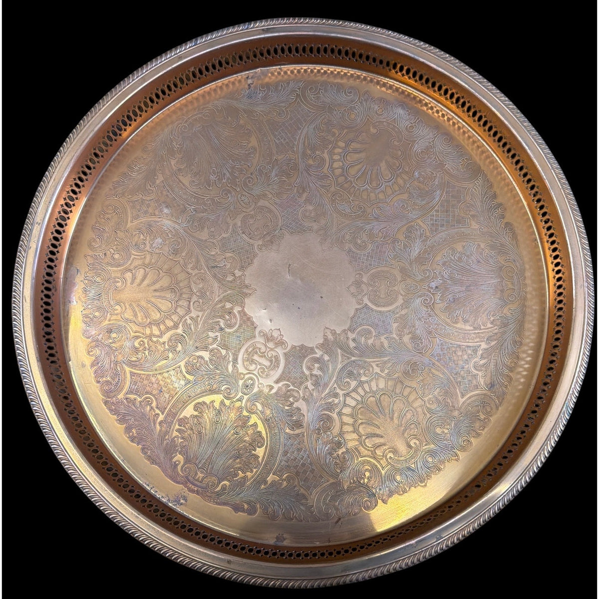 Vintage 18” Copper Plated Engraved Serving Tray Pierced Gallery – additional view 6