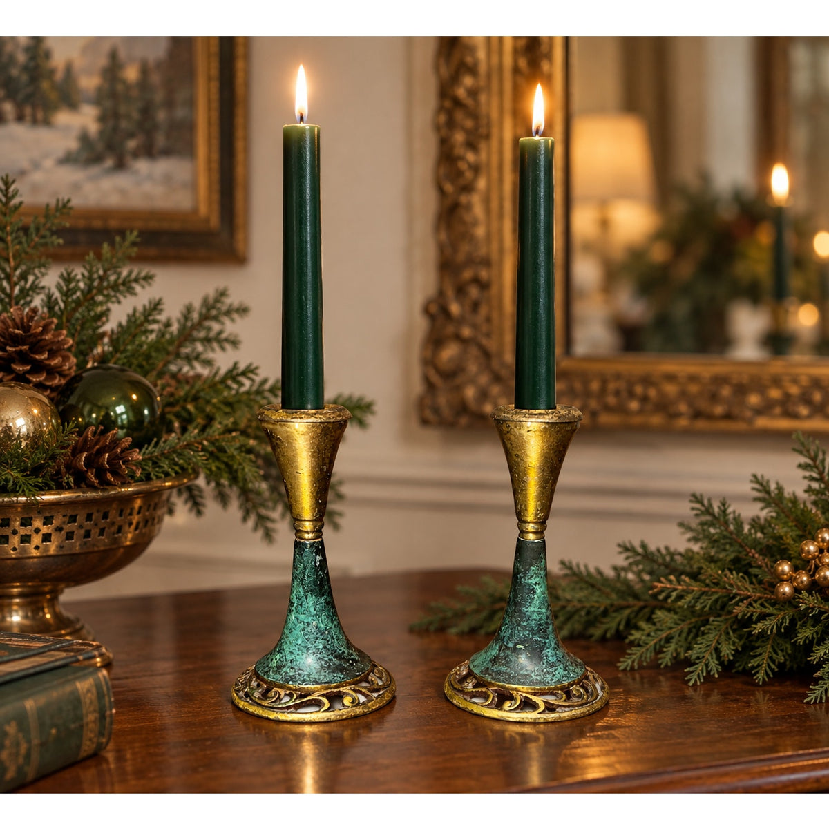 Vintage Oppenheim Israel Brass Candlesticks Turquoise Enamel Judaica Pair