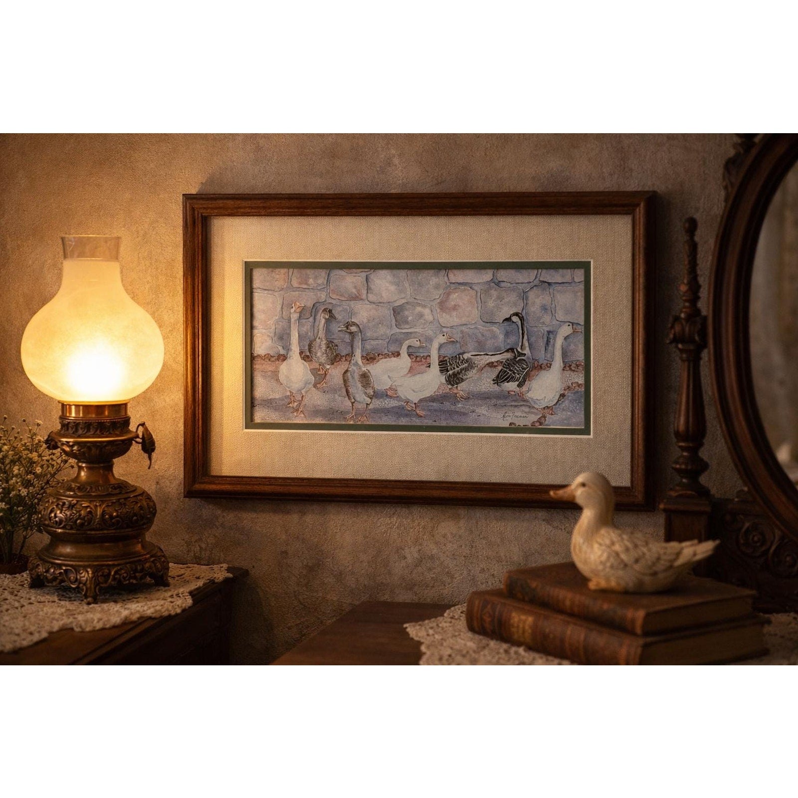 Vintage Framed Goose Print Farmhouse Wall Art Cottage Kitchen Decor 17x10