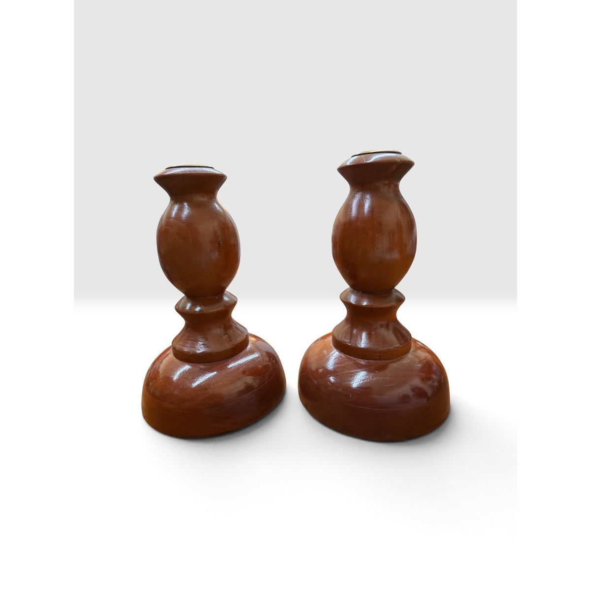 Vintage Paul R Winter Cherry Wood Candlesticks Solid Brass Cups Handmade Pair – additional view 5