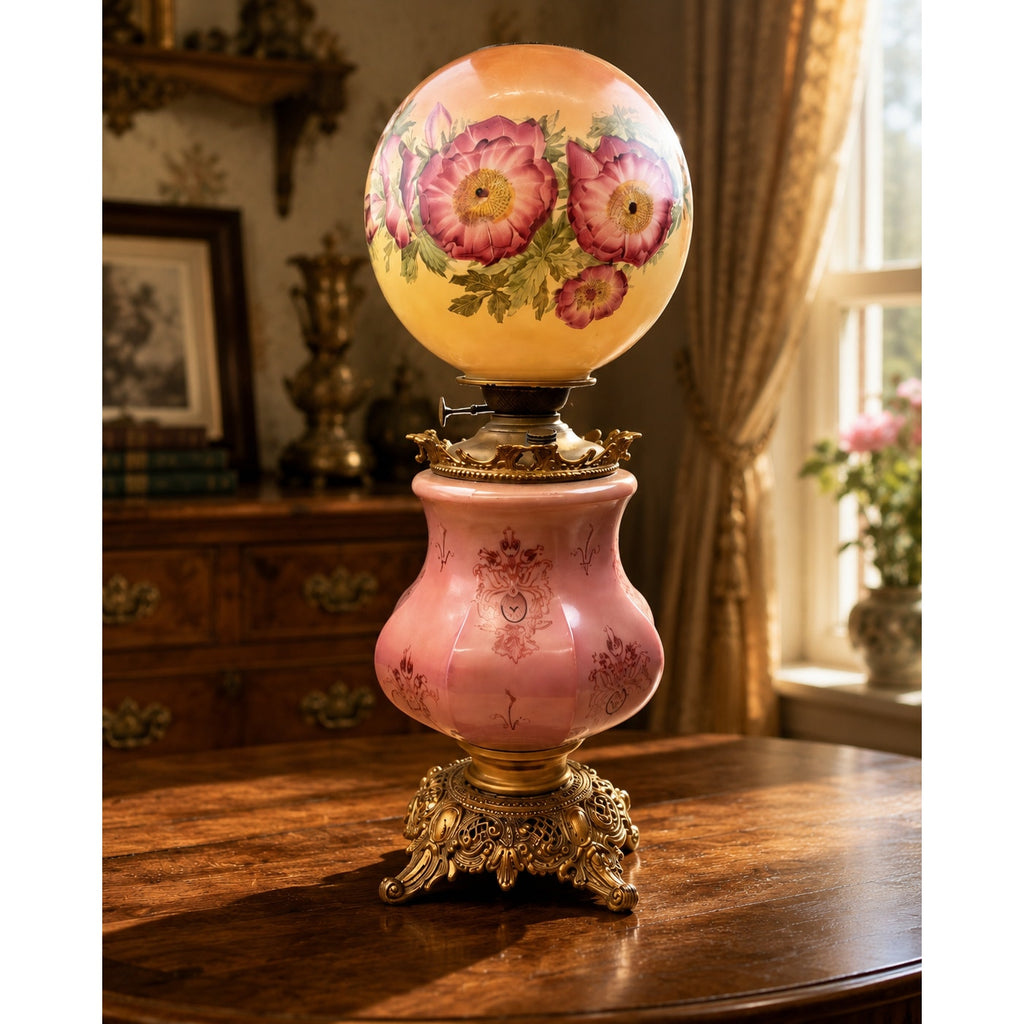 Antique Banquet Oil Lamp Pink Satin Glass Success Burner Floral Globe