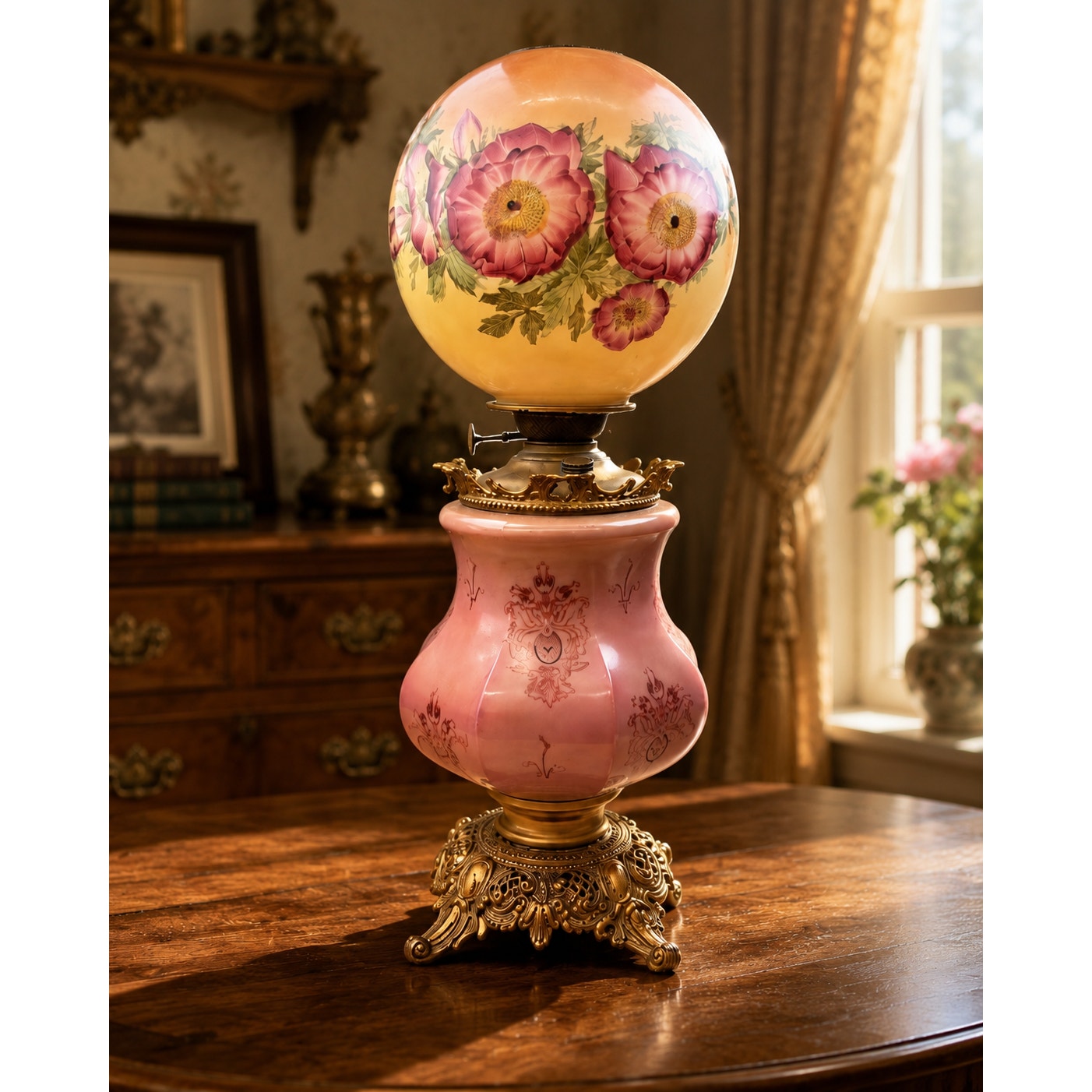 Antique Banquet Oil Lamp Pink Satin Glass Success Burner Floral Globe