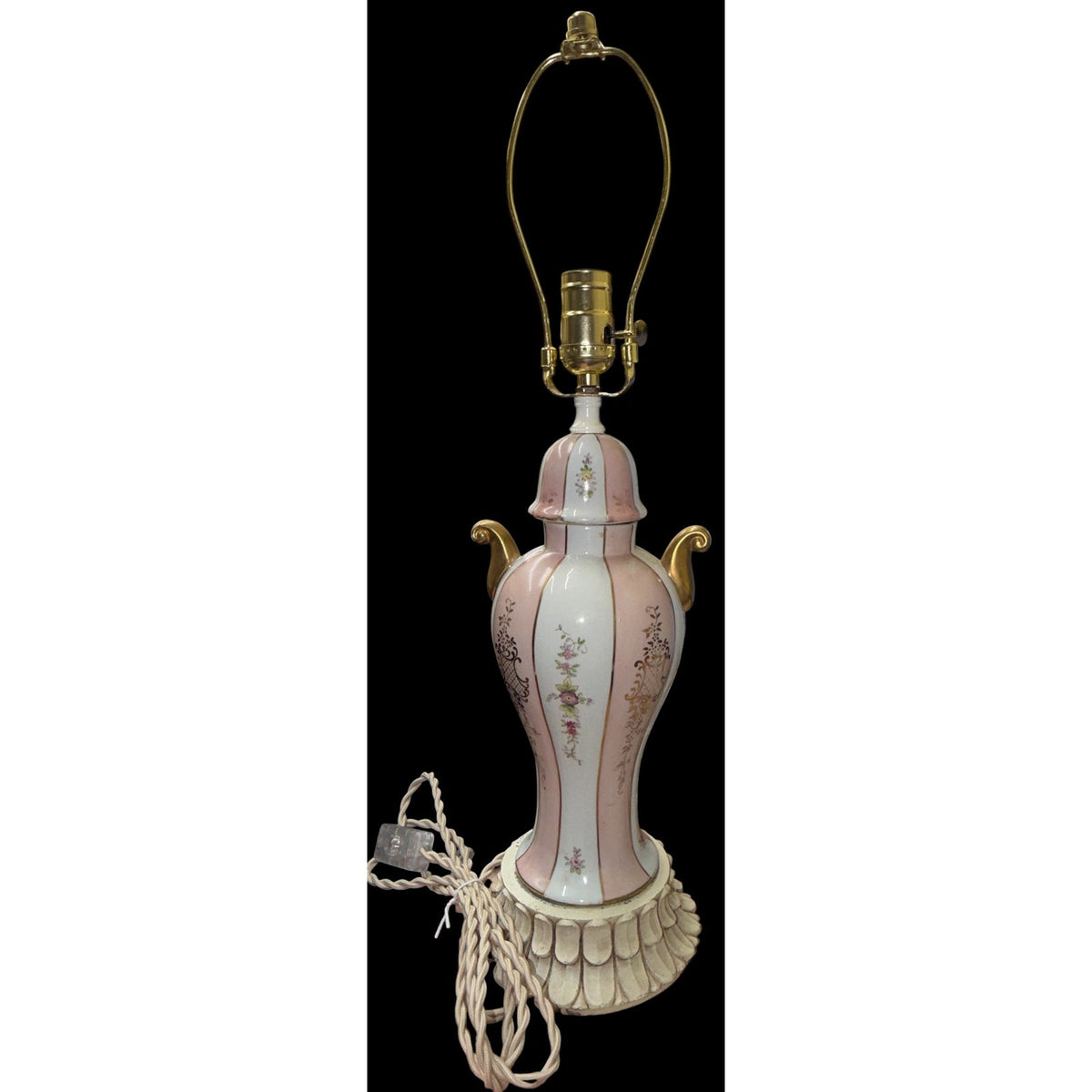 Vintage Pink Floral Ceramic Urn Table Lamp Rewired Pink Bell Shade