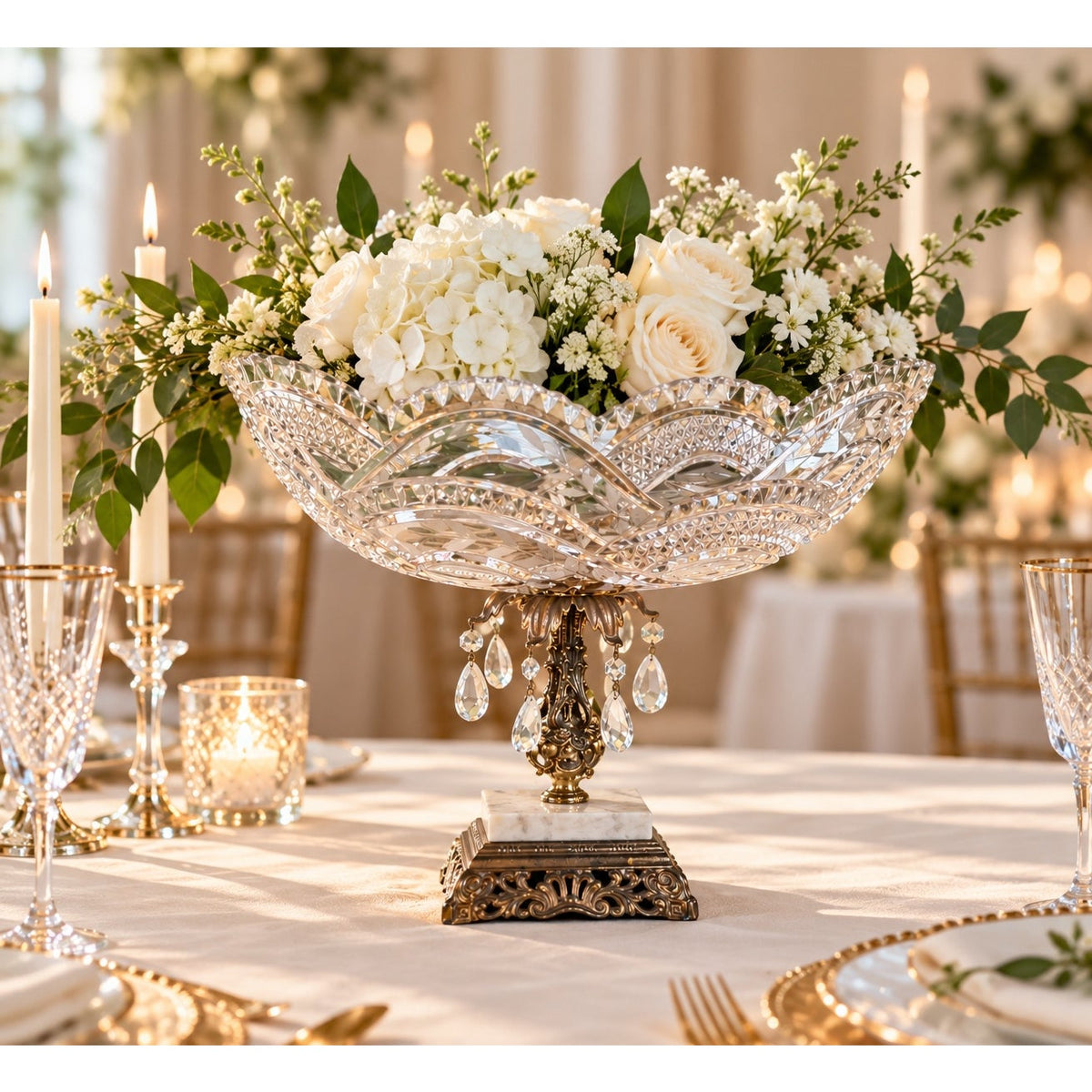 Antique Cut Crystal Centerpiece Bowl with Brass Marble Pedestal and Prisms