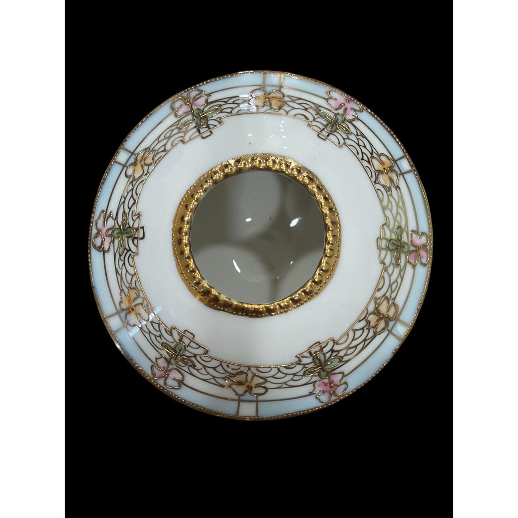 Antique Hand Painted Nippon Porcelain Vanity Jar: Gold Floral Trinket Box