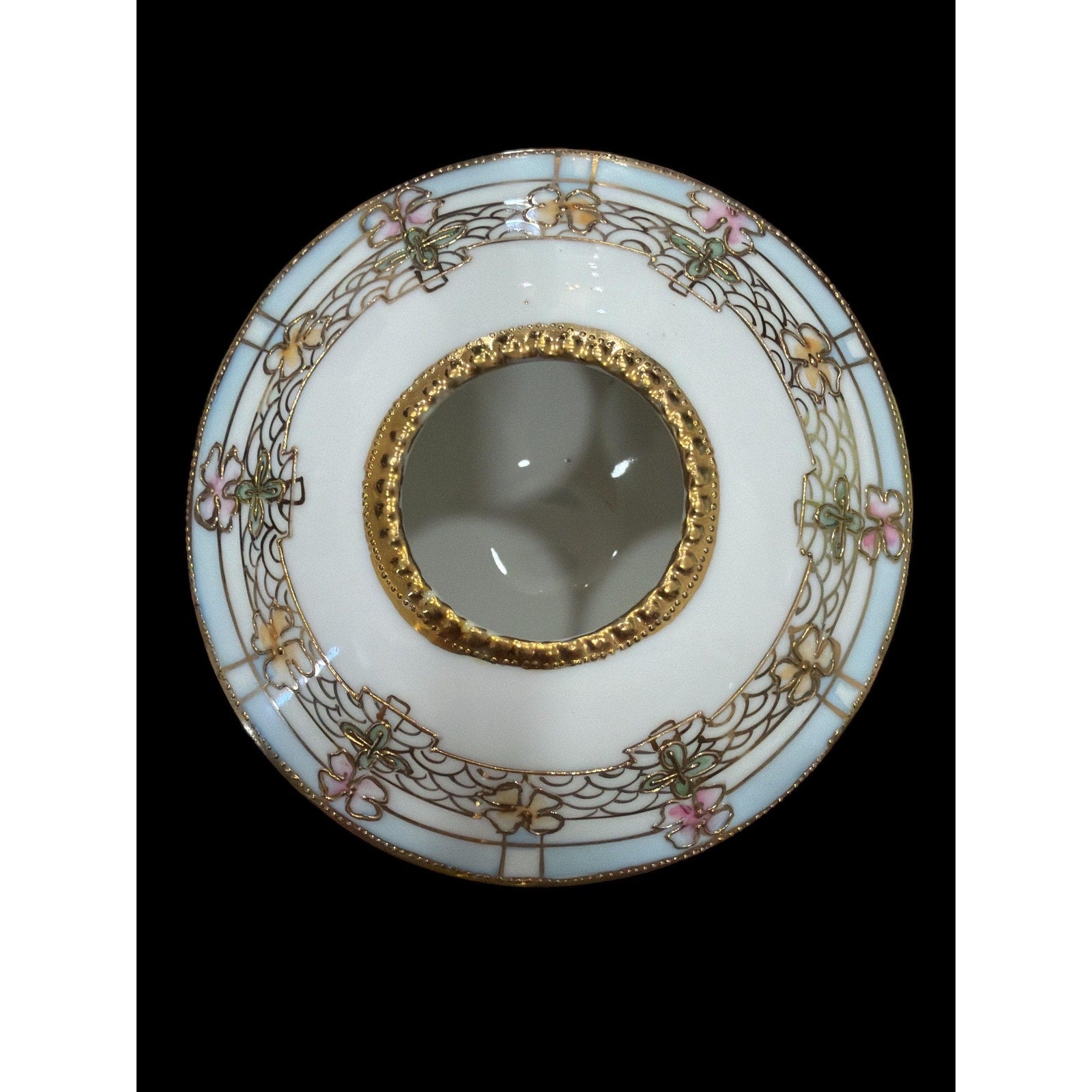 Antique Hand Painted Nippon Porcelain Vanity Jar: Gold Floral Trinket Box