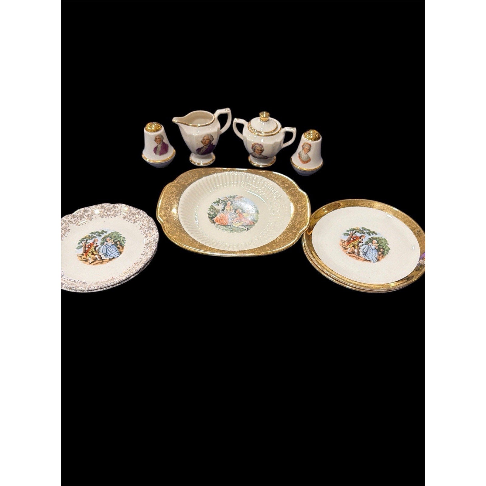 Vintage Colonial Revival Washington Portrait China Group 10 Pc Gold Decor