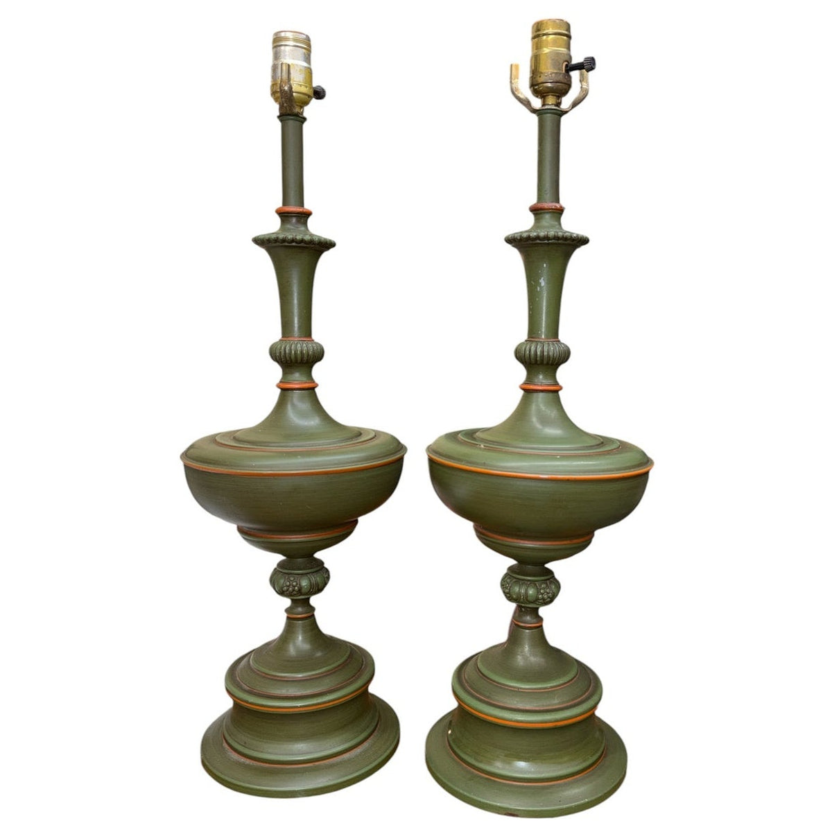 Vintage Metal Table Lamp Pair Olive Avocado Green Urn Form Orange Accents