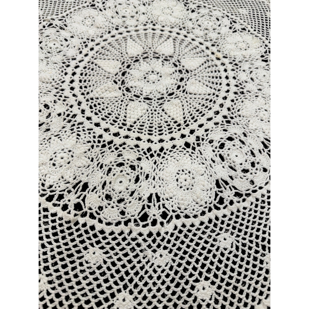 Vintage Hand Crochet Lace Tablecloth 57" Round Floral Wedding Table Linen – additional view 10