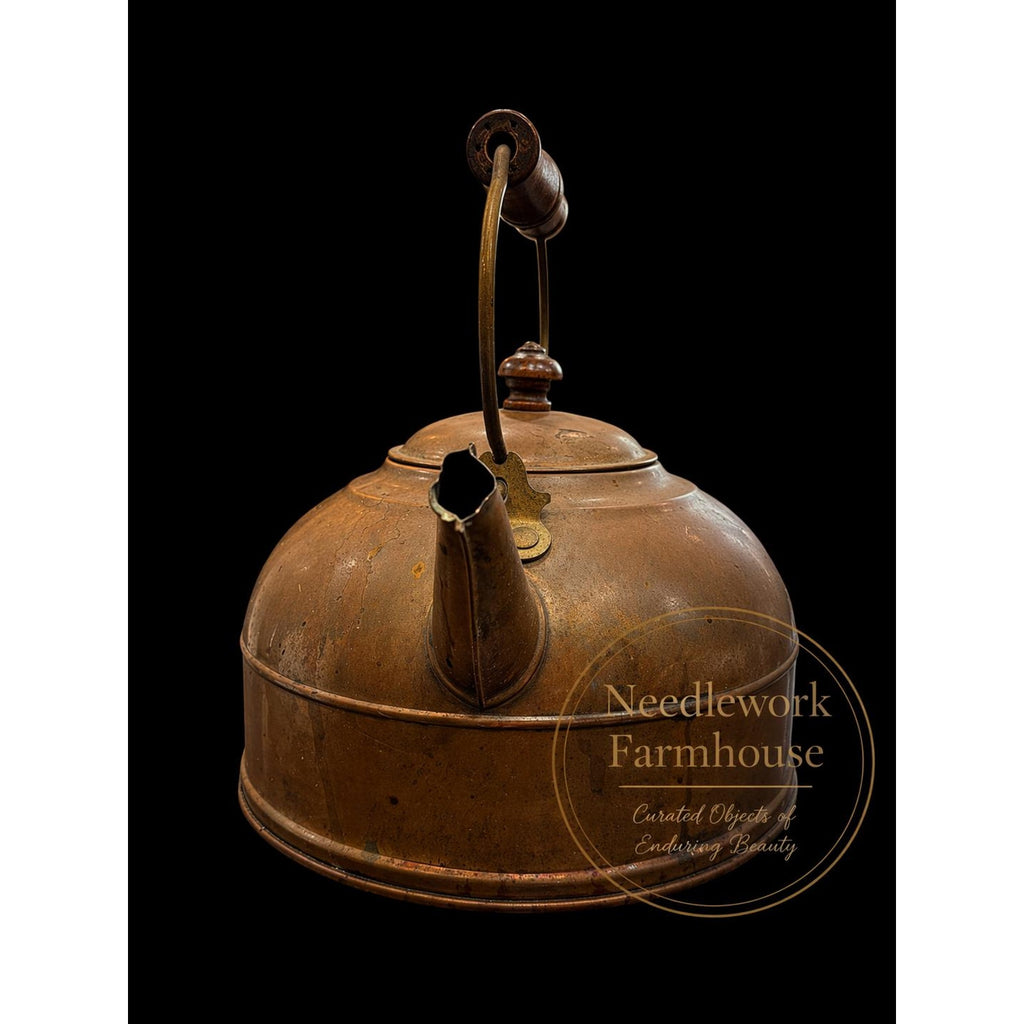 Antique Copper Tea Kettle Primitive Farmhouse Decor Wood Handle 1930s