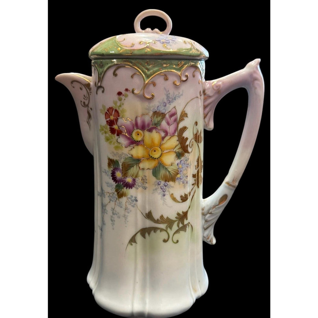 Antique Art Nouveau Chocolate Pot Hand Painted Porcelain Floral Gold Gilt 1900s