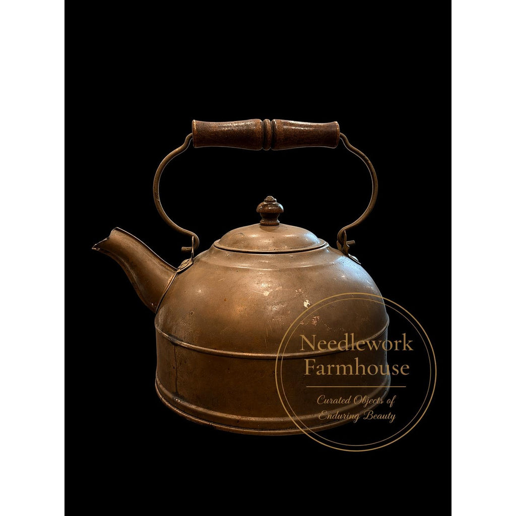 Antique Copper Tea Kettle Primitive Farmhouse Decor Wood Handle 1930s