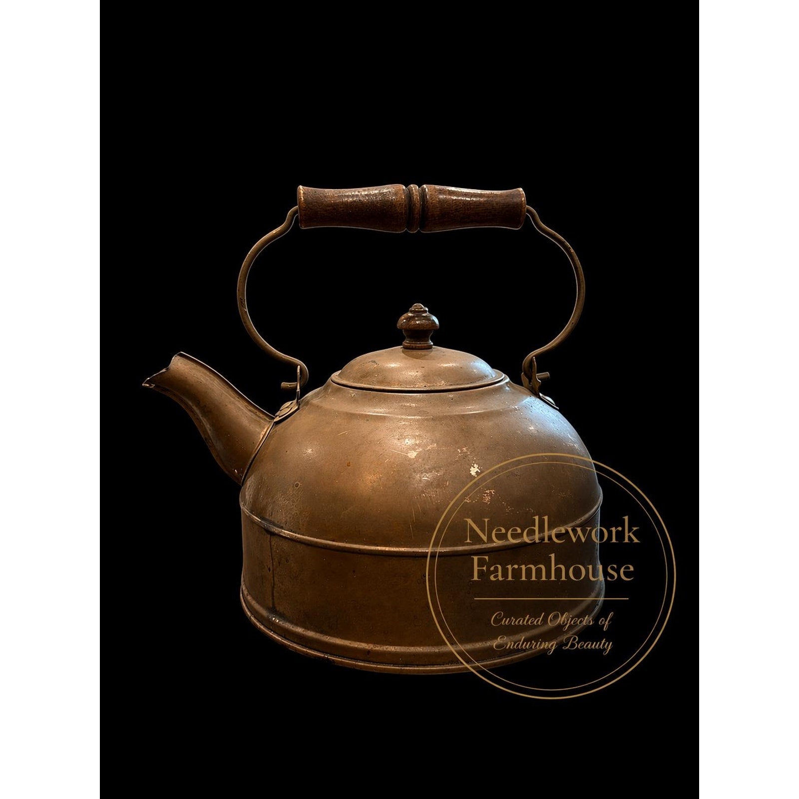 Antique Copper Tea Kettle Primitive Farmhouse Decor Wood Handle 1930s