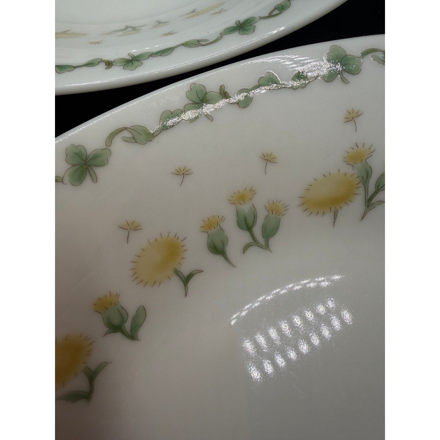 Vintage Hoya Porcelain Set of 4 Rim Soup Bowls Dandelion Clover Japan 9 Inch