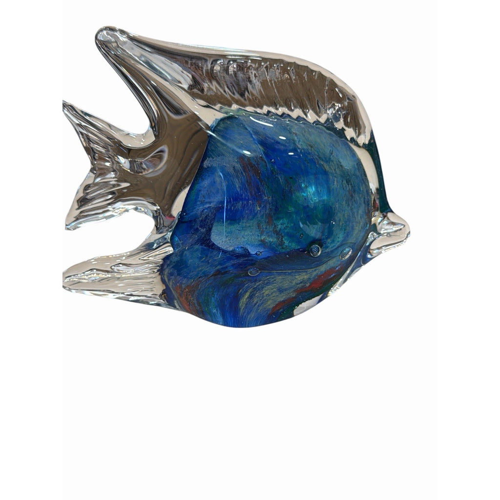 Hand Blown Art Glass Fish Paperweight Blue Swirl Clear Nautical Coastal Decor 7”