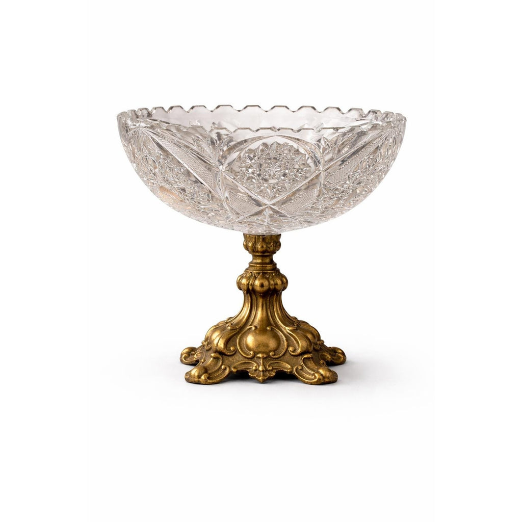 Vintage Cut Crystal Pedestal Compote Bowl, Ornate Metal Stand Centerpiece