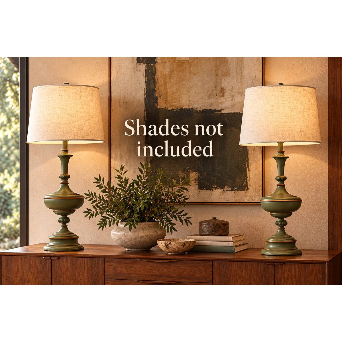 Vintage Metal Table Lamp Pair Olive Avocado Green Urn Form Orange Accents