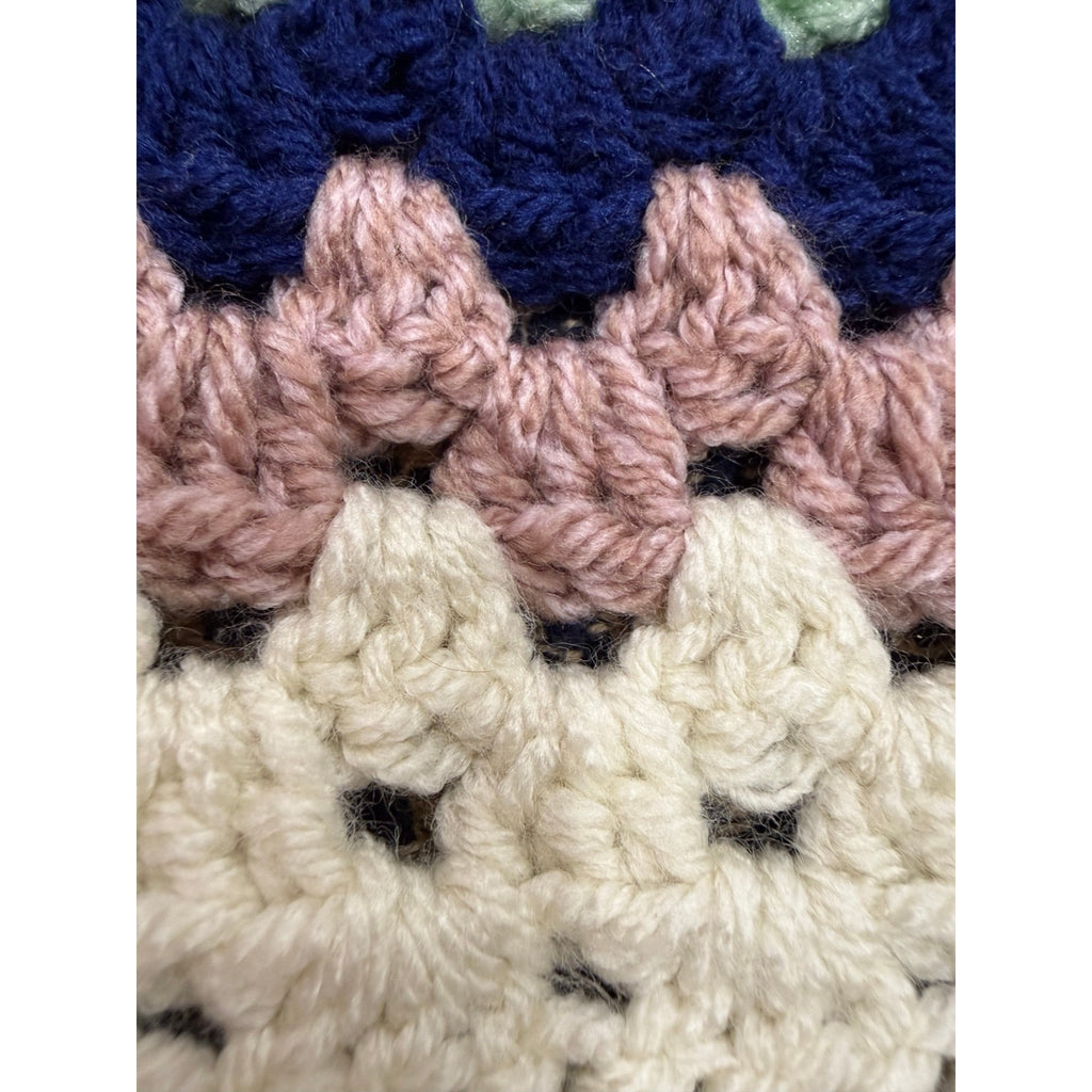 Handmade Crochet Lap Afghan Blanket Granny Square Ivory Navy Mint Pink 38"
